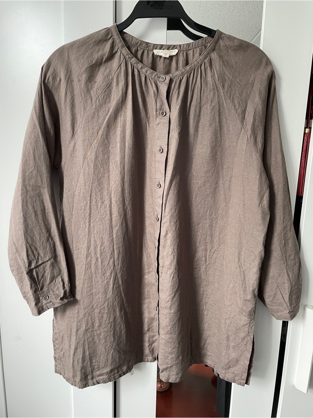Eileen Fisher, Irish linen taupe tunic shirt, size petite medium